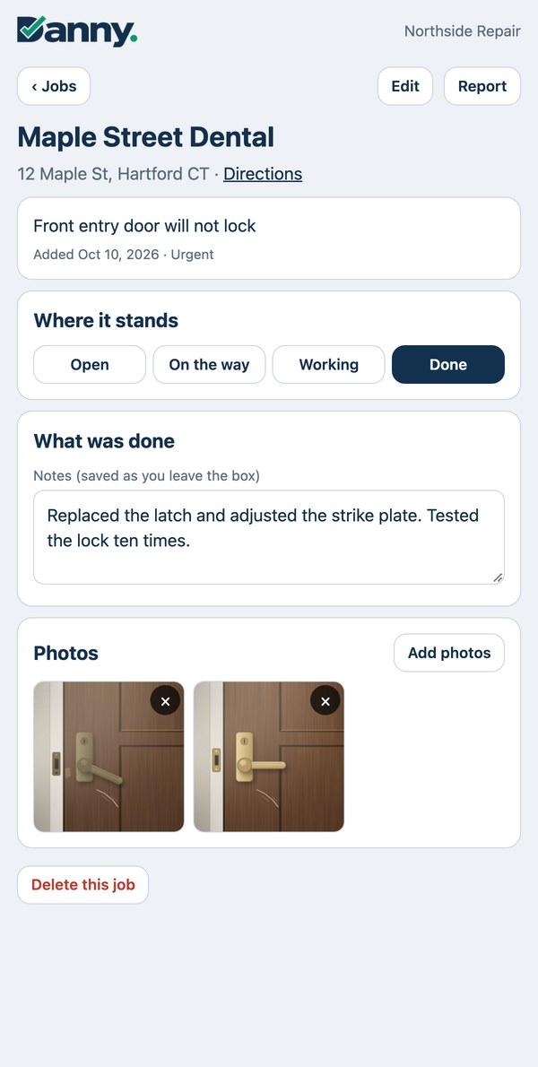 The same job marked Done, with notes and two photos.